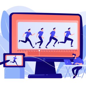 Animator working on character movement. Designing frames of walking. Computer animation, cartoon video creation, make your story alive concept. Pinkish coral bluevector isolated illustration