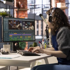 Female filmmaker working on media post production from agency office, ensuring the editing timeline and color correction for a video shoot. Tech driven workspace showcases a digital workflow.
